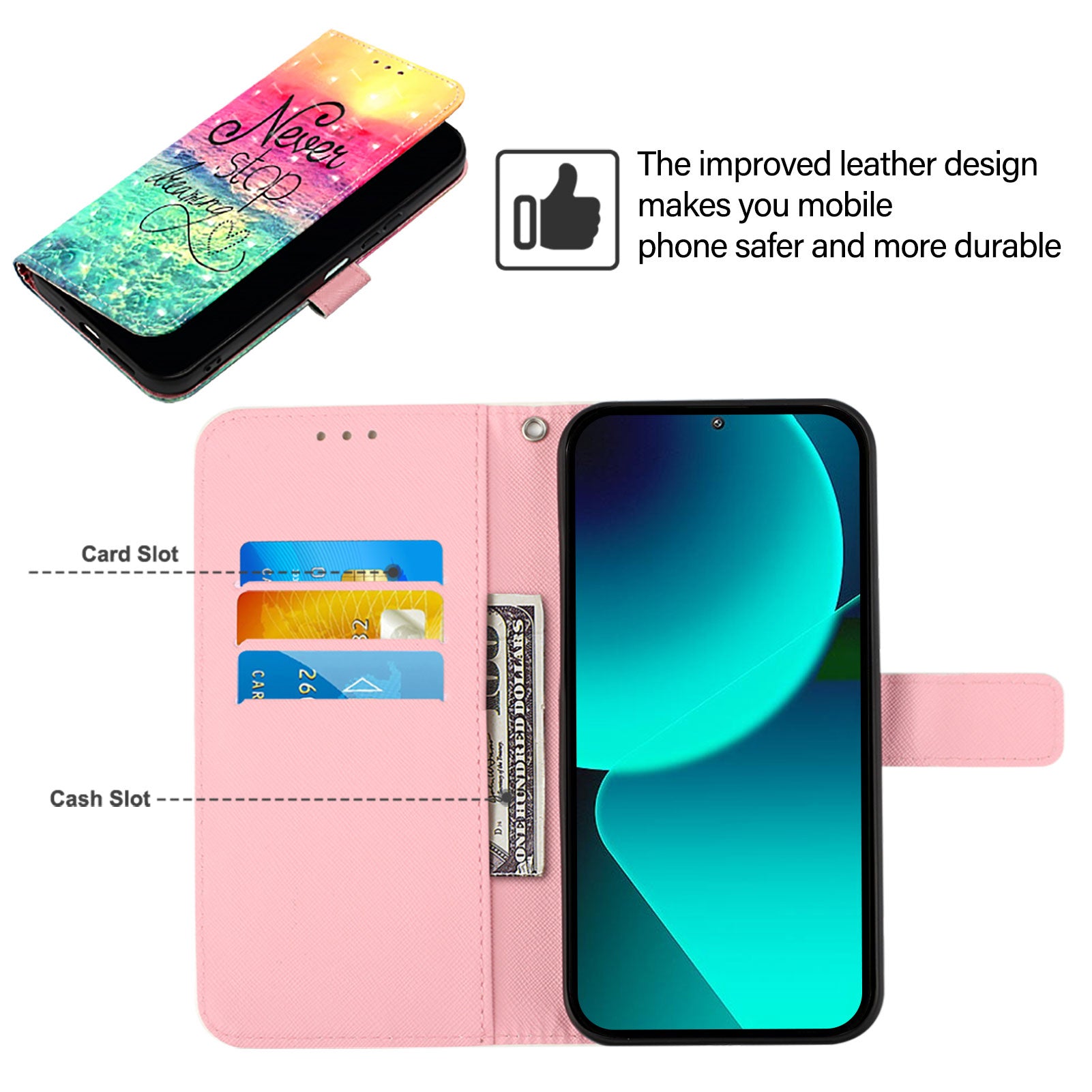 For Google Pixel 9 Pro / Google Pixel 9 Leather Case YB Pattern Printing Leather Series-2 Pattern Printing Wallet Stand Cover - Never Stop Dreaming