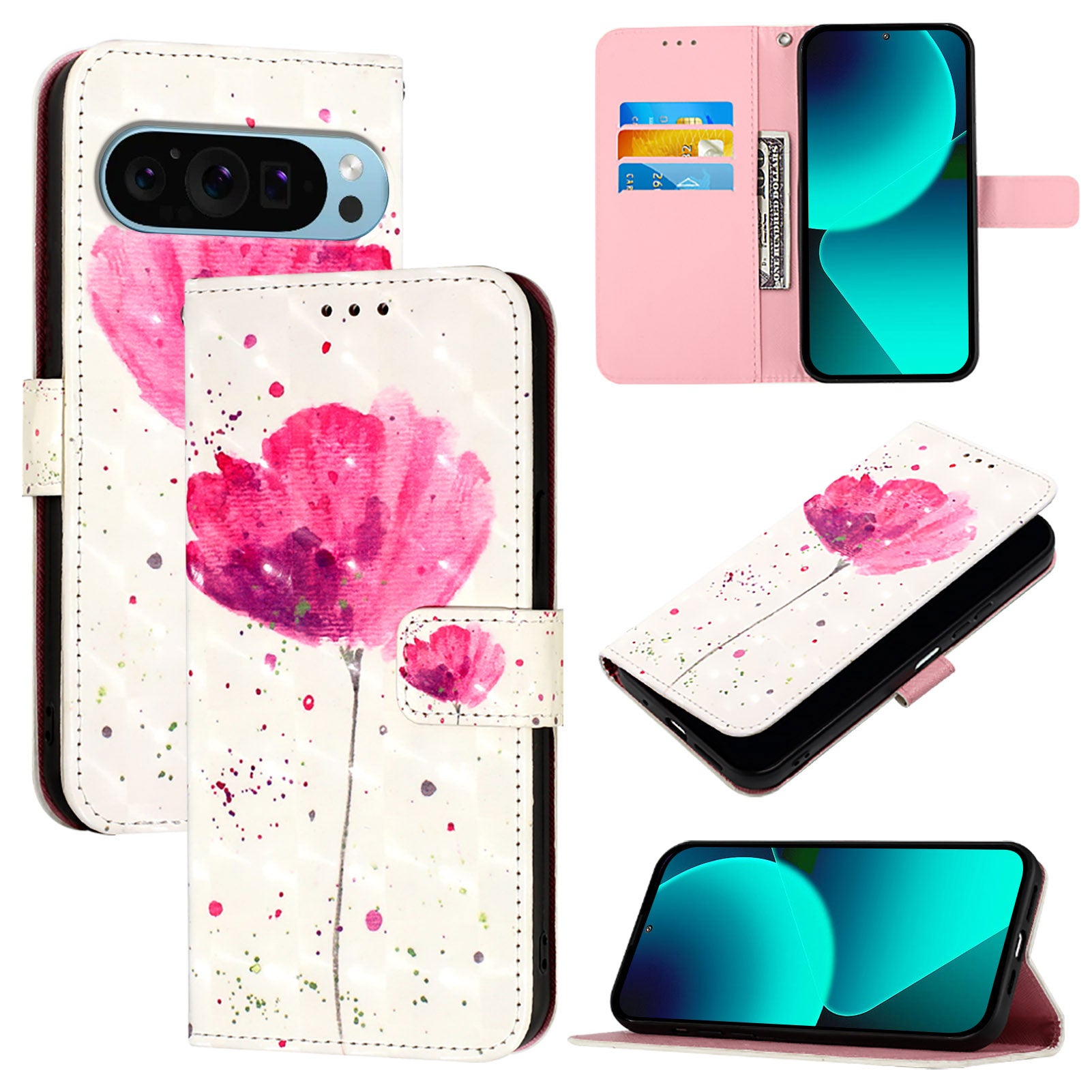 For Google Pixel 9 Pro / Google Pixel 9 Leather Case YB Pattern Printing Leather Series-2 Pattern Printing Wallet Stand Cover - Flower