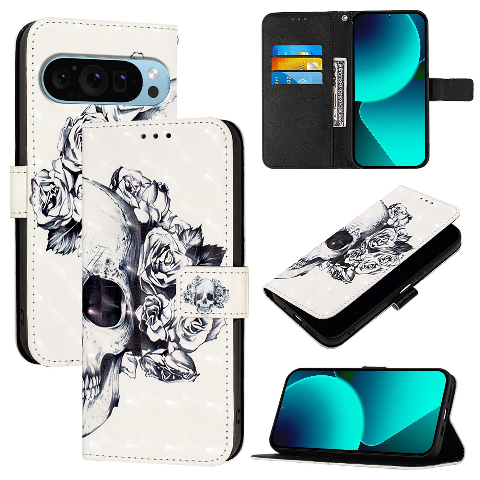 For Google Pixel 9 Pro / Google Pixel 9 Leather Case YB Pattern Printing Leather Series-2 Pattern Printing Wallet Stand Cover - Skull