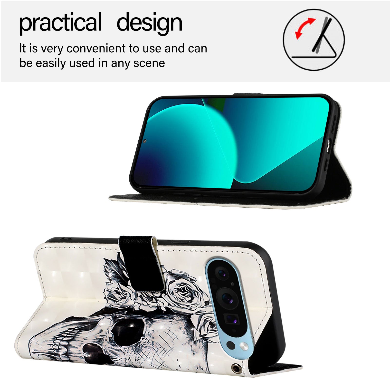 For Google Pixel 9 Pro / Google Pixel 9 Leather Case YB Pattern Printing Leather Series-2 Pattern Printing Wallet Stand Cover - Skull