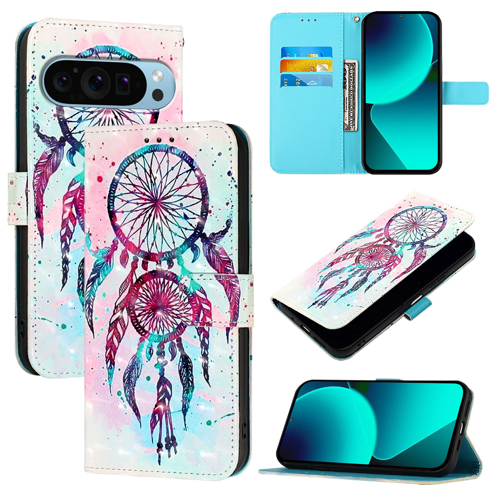 For Google Pixel 9 Pro XL Leather Case YB Pattern Printing Leather Series-2 Pattern Printing Wallet Stand Cover - Colorful Wind Chime