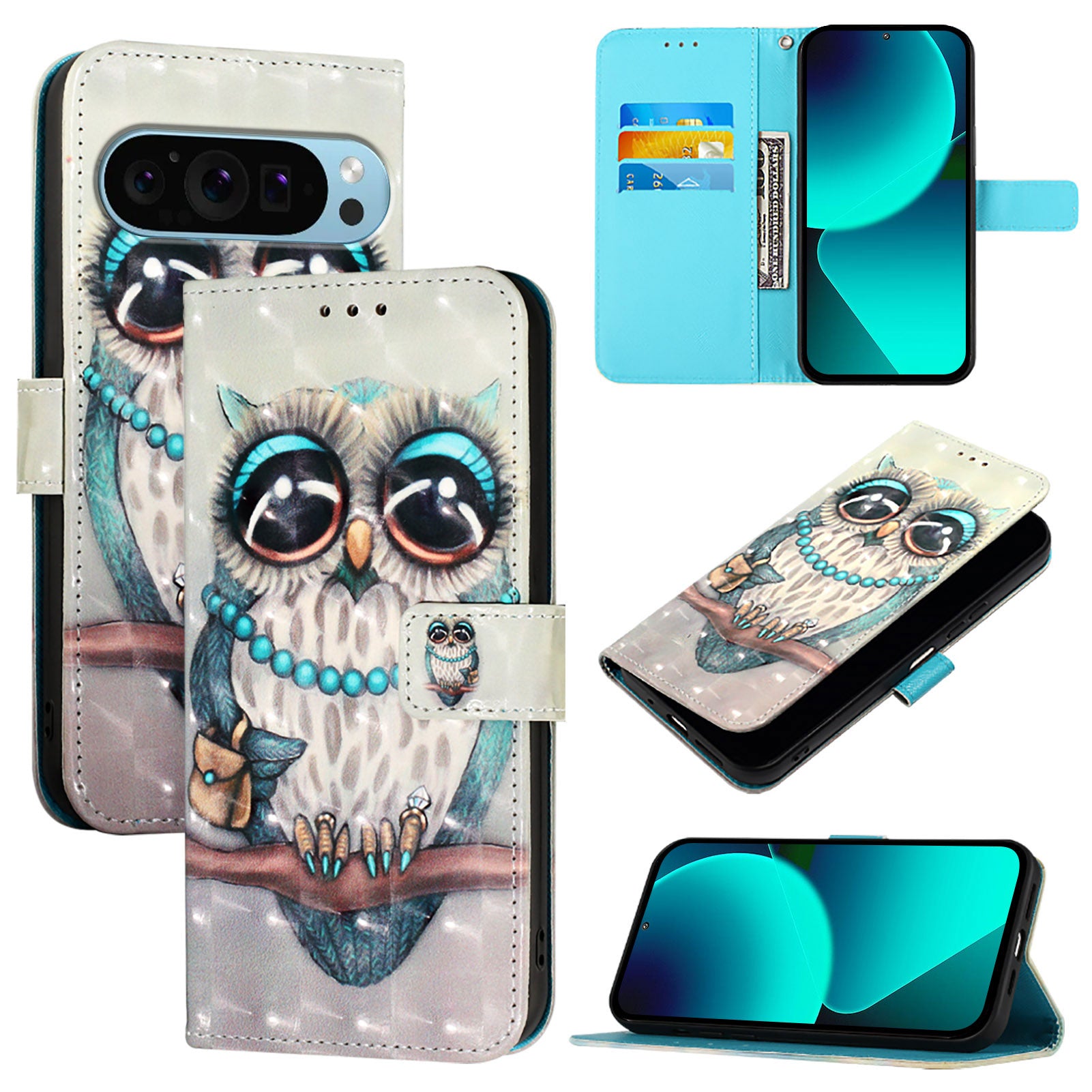 For Google Pixel 9 Pro XL Leather Case YB Pattern Printing Leather Series-2 Pattern Printing Wallet Stand Cover - Grey Owl