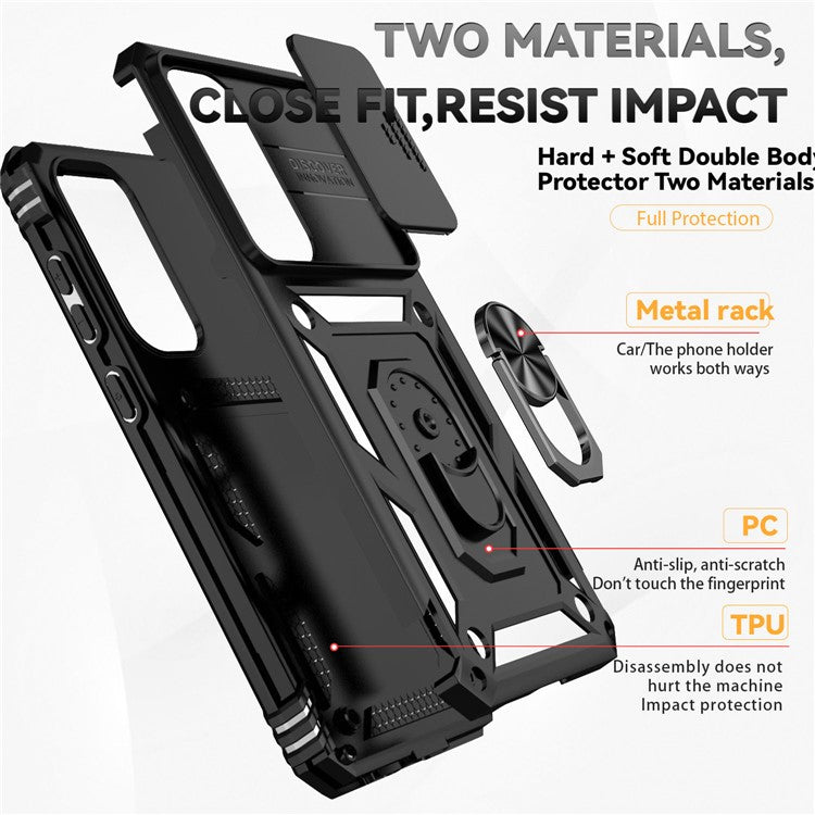 For Samsung Galaxy S24 FE Case PC + TPU Phone Cover Lens Ultimate Protection Kickstand - Black