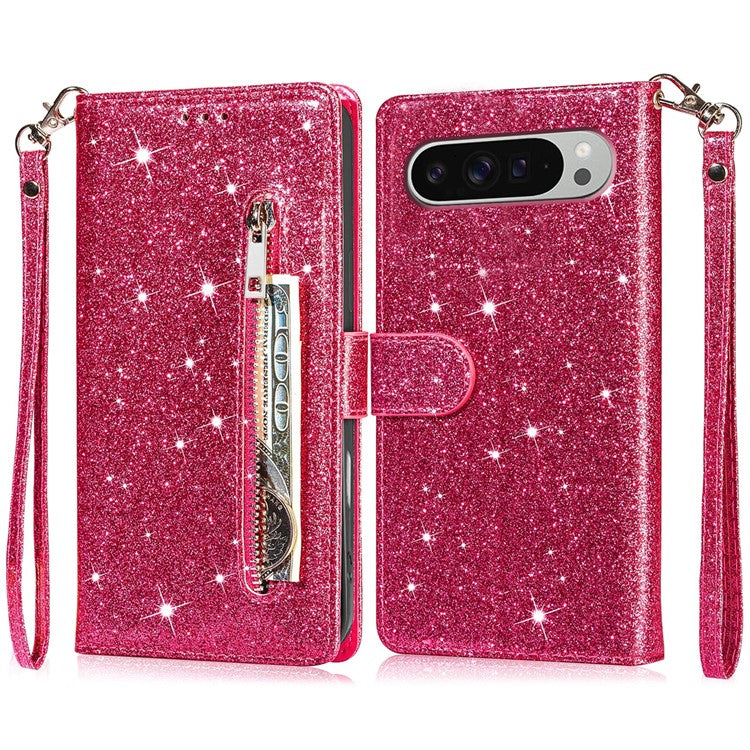 For Google Pixel 9 Pro XL Stand Case Glitter Phone Leather Cover Zipper Pocket - Rose