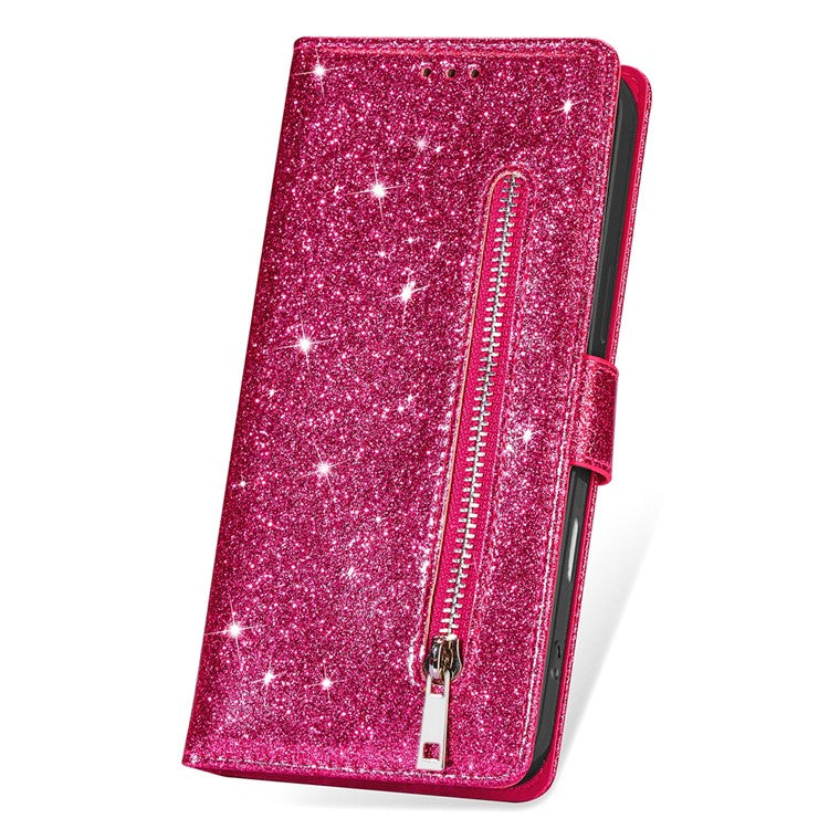 For Google Pixel 9 Pro XL Stand Case Glitter Phone Leather Cover Zipper Pocket - Rose