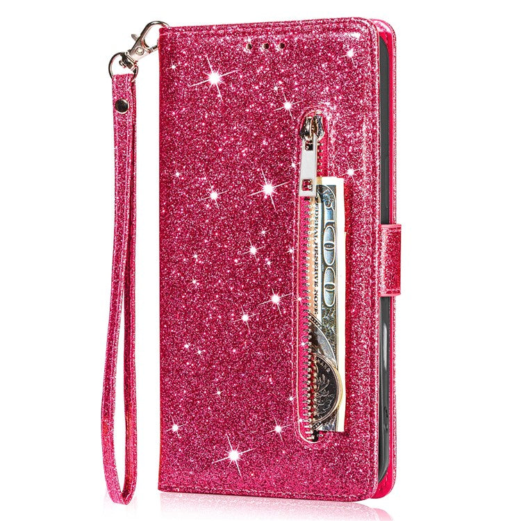 For Google Pixel 9 Pro XL Stand Case Glitter Phone Leather Cover Zipper Pocket - Rose