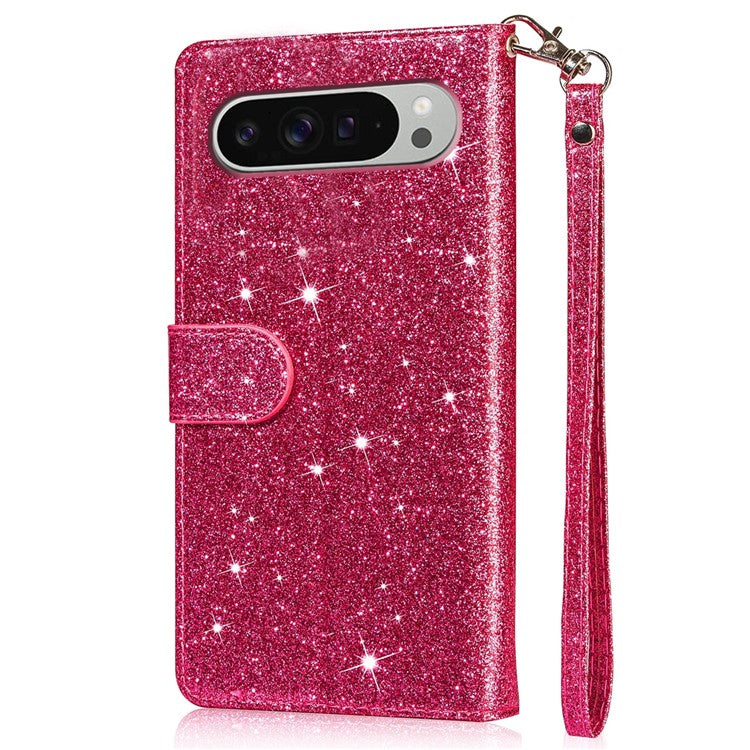 For Google Pixel 9 Pro XL Stand Case Glitter Phone Leather Cover Zipper Pocket - Rose