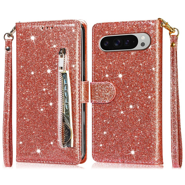 For Google Pixel 9 Pro XL Stand Case Glitter Phone Leather Cover Zipper Pocket - Rose Gold