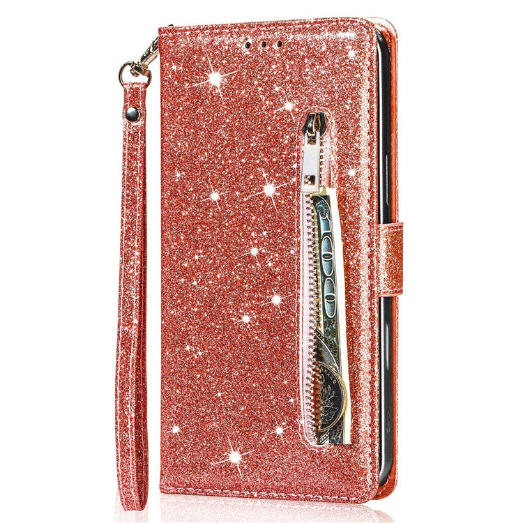 For Google Pixel 9 Pro XL Stand Case Glitter Phone Leather Cover Zipper Pocket - Rose Gold