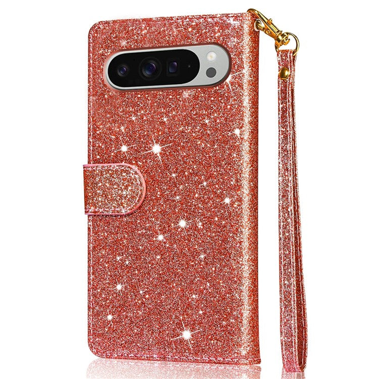 For Google Pixel 9 Pro XL Stand Case Glitter Phone Leather Cover Zipper Pocket - Rose Gold