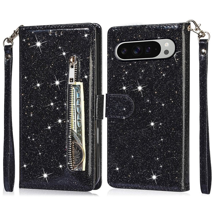 For Google Pixel 9 Pro XL Stand Case Glitter Phone Leather Cover Zipper Pocket - Black