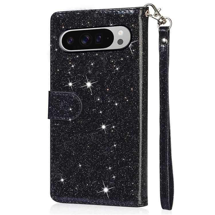 For Google Pixel 9 Pro XL Stand Case Glitter Phone Leather Cover Zipper Pocket - Black