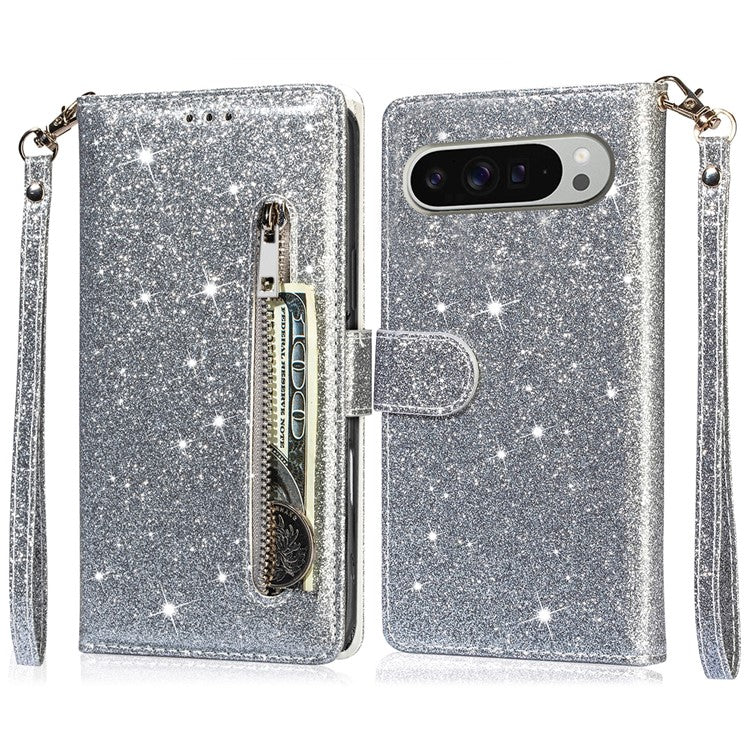 For Google Pixel 9 Pro XL Stand Case Glitter Phone Leather Cover Zipper Pocket - Silver