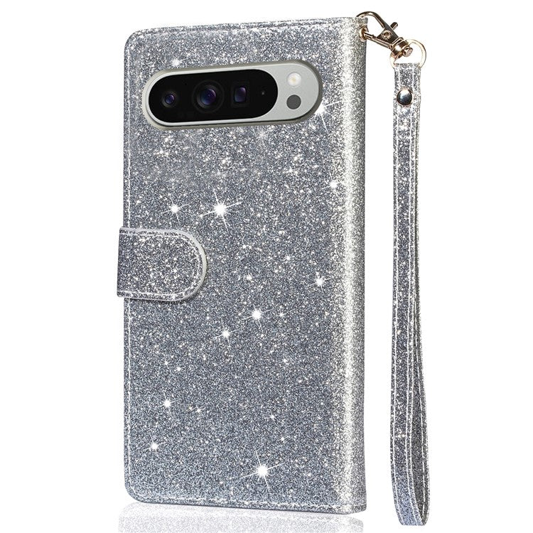 For Google Pixel 9 Pro XL Stand Case Glitter Phone Leather Cover Zipper Pocket - Silver