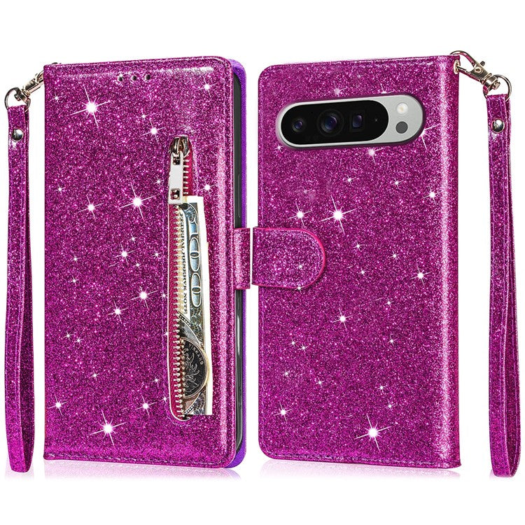 For Google Pixel 9 Pro XL Stand Case Glitter Phone Leather Cover Zipper Pocket - Purple