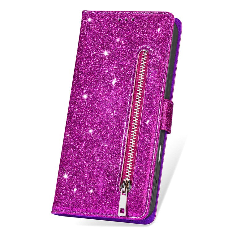 For Google Pixel 9 Pro XL Stand Case Glitter Phone Leather Cover Zipper Pocket - Purple