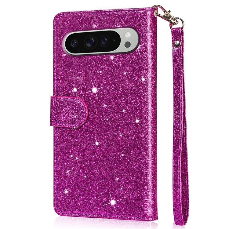 For Google Pixel 9 Pro XL Stand Case Glitter Phone Leather Cover Zipper Pocket - Purple