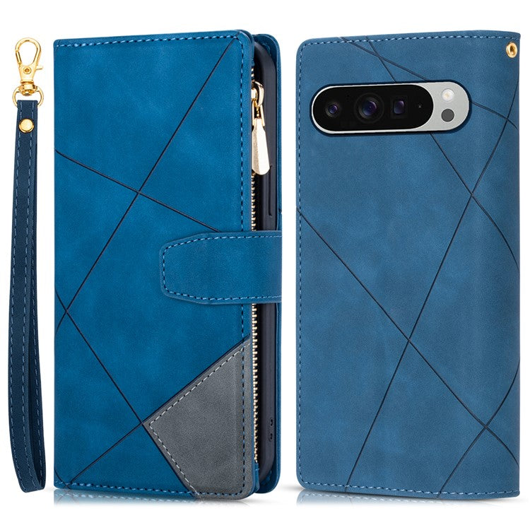 For Google Pixel 9 Pro XL Wallet Case Color Splicing Leather Phone Cover with Stand - Blue