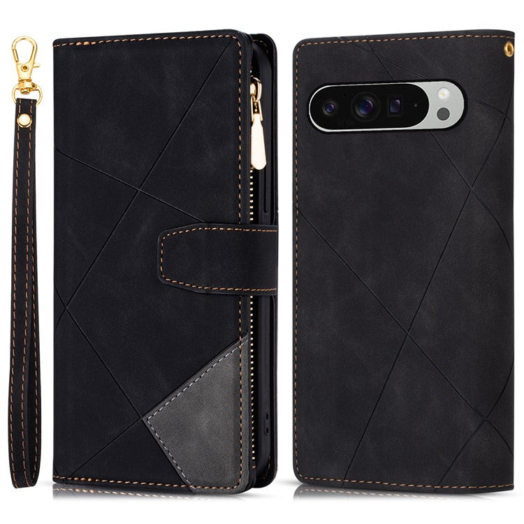 For Google Pixel 9 Pro XL Wallet Case Color Splicing Leather Phone Cover with Stand - Black