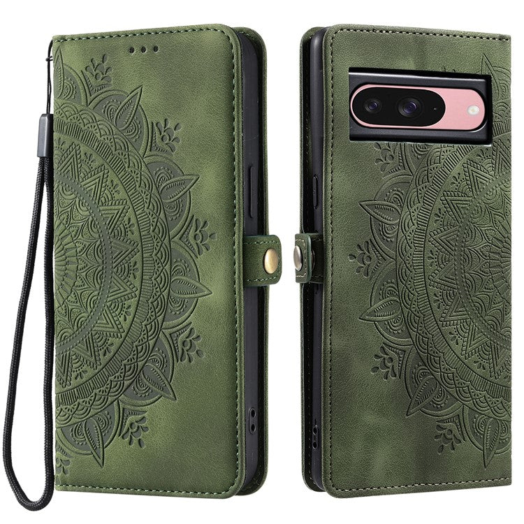 Style 016 For Google Pixel 9 Pro / Pixel 9 Case Skin Feel Totem Imprinted Wallet Leather Phone Cover - Blackish Green