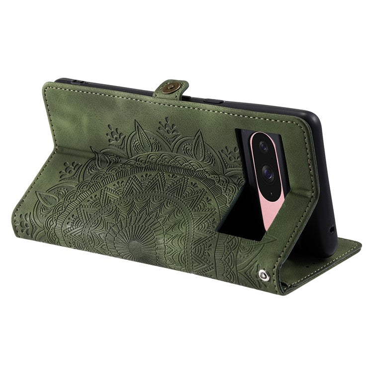 Style 016 For Google Pixel 9 Pro / Pixel 9 Case Skin Feel Totem Imprinted Wallet Leather Phone Cover - Blackish Green