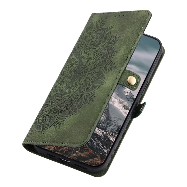 Style 016 For Google Pixel 9 Pro / Pixel 9 Case Skin Feel Totem Imprinted Wallet Leather Phone Cover - Blackish Green