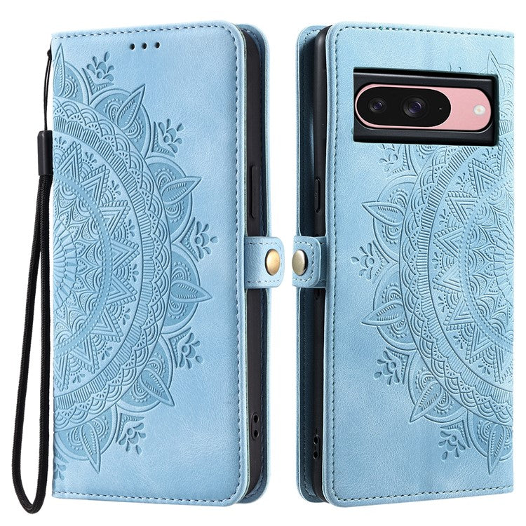 Style 016 For Google Pixel 9 Pro / Pixel 9 Case Skin Feel Totem Imprinted Wallet Leather Phone Cover - Lake Blue