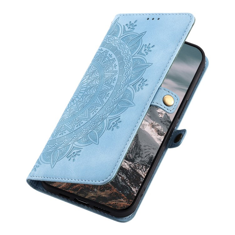 Style 016 For Google Pixel 9 Pro / Pixel 9 Case Skin Feel Totem Imprinted Wallet Leather Phone Cover - Lake Blue