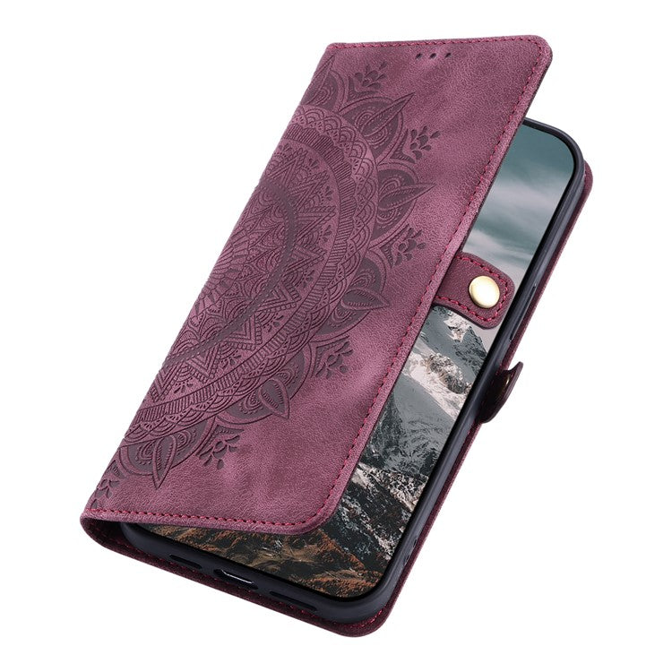 Style 016 For Google Pixel 9 Pro / Pixel 9 Case Skin Feel Totem Imprinted Wallet Leather Phone Cover - Wine Red