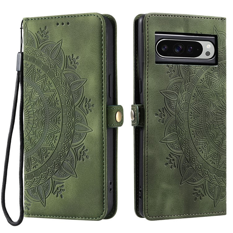 Style 016 For Google Pixel 9 Pro XL Case Skin Feel Totem Imprinted Wallet Leather Phone Cover - Blackish Green