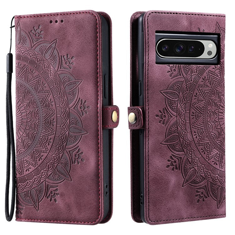 Style 016 For Google Pixel 9 Pro XL Case Skin Feel Totem Imprinted Wallet Leather Phone Cover - Wine Red