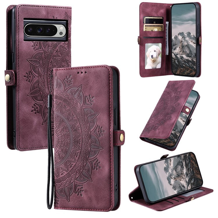 Style 016 For Google Pixel 9 Pro XL Case Skin Feel Totem Imprinted Wallet Leather Phone Cover - Wine Red