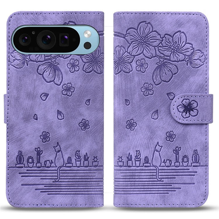 For Google Pixel 9 / Pixel 9 Pro Case Flip Stand Leather Phone Cover Cherry Blossom Cat Imprinted - Purple