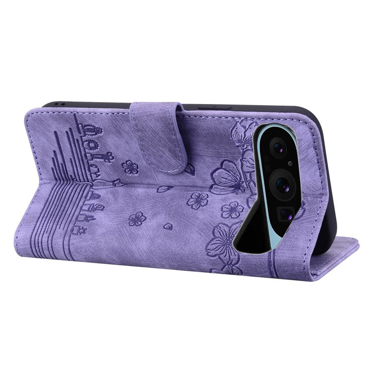 For Google Pixel 9 / Pixel 9 Pro Case Flip Stand Leather Phone Cover Cherry Blossom Cat Imprinted - Purple