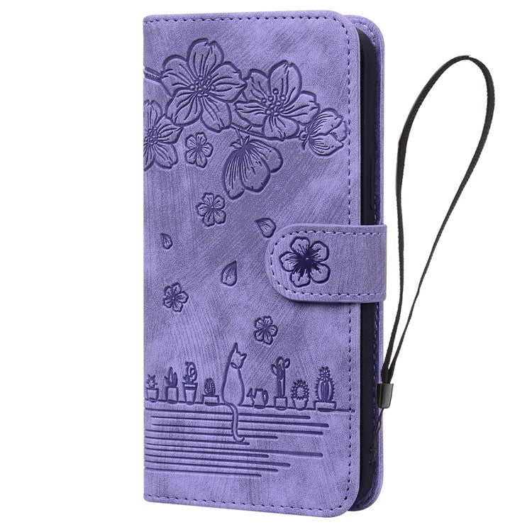 For Google Pixel 9 / Pixel 9 Pro Case Flip Stand Leather Phone Cover Cherry Blossom Cat Imprinted - Purple