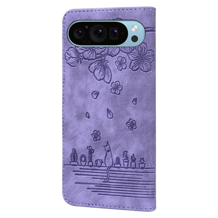 For Google Pixel 9 / Pixel 9 Pro Case Flip Stand Leather Phone Cover Cherry Blossom Cat Imprinted - Purple