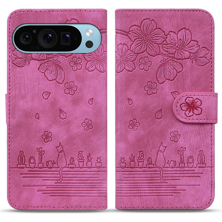 For Google Pixel 9 / Pixel 9 Pro Case Flip Stand Leather Phone Cover Cherry Blossom Cat Imprinted - Rose