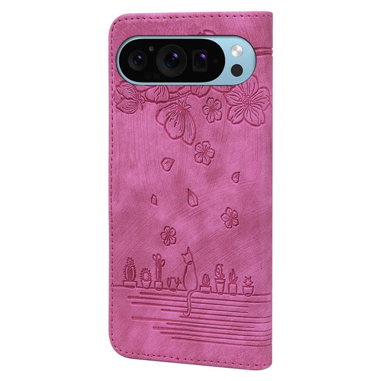 For Google Pixel 9 / Pixel 9 Pro Case Flip Stand Leather Phone Cover Cherry Blossom Cat Imprinted - Rose