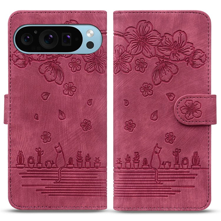 For Google Pixel 9 / Pixel 9 Pro Case Flip Stand Leather Phone Cover Cherry Blossom Cat Imprinted - Wine Red