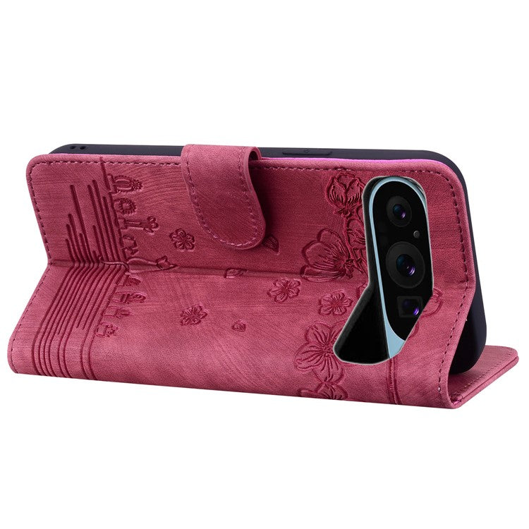 For Google Pixel 9 / Pixel 9 Pro Case Flip Stand Leather Phone Cover Cherry Blossom Cat Imprinted - Wine Red