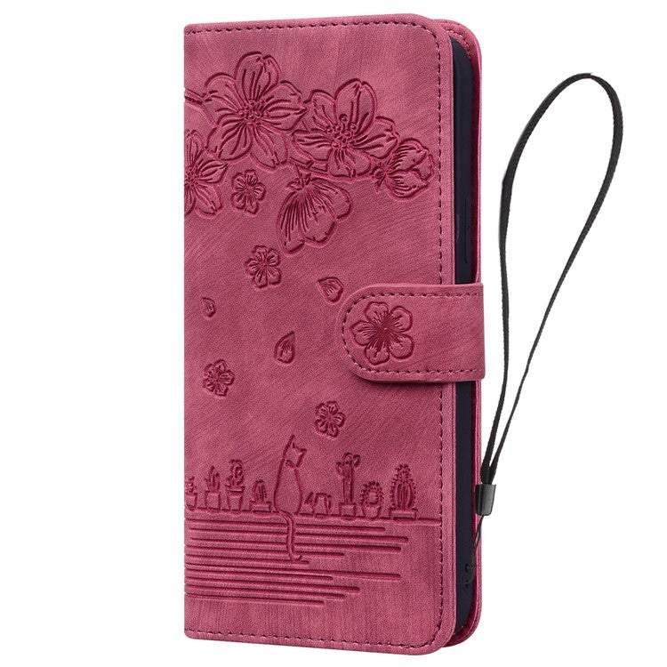 For Google Pixel 9 / Pixel 9 Pro Case Flip Stand Leather Phone Cover Cherry Blossom Cat Imprinted - Wine Red