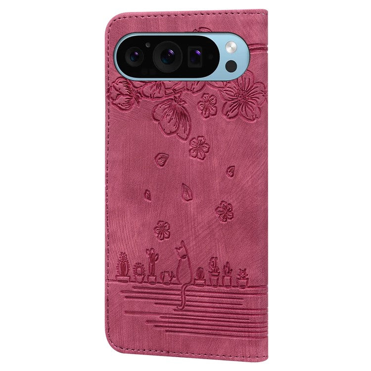 For Google Pixel 9 / Pixel 9 Pro Case Flip Stand Leather Phone Cover Cherry Blossom Cat Imprinted - Wine Red