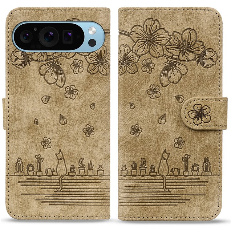 For Google Pixel 9 / Pixel 9 Pro Case Flip Stand Leather Phone Cover Cherry Blossom Cat Imprinted - Brown