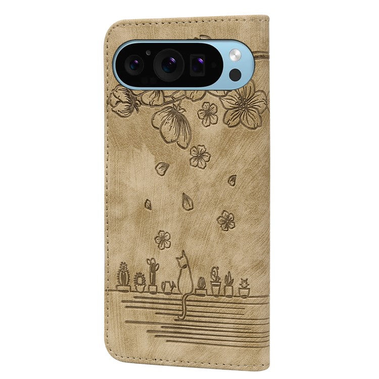 For Google Pixel 9 / Pixel 9 Pro Case Flip Stand Leather Phone Cover Cherry Blossom Cat Imprinted - Brown