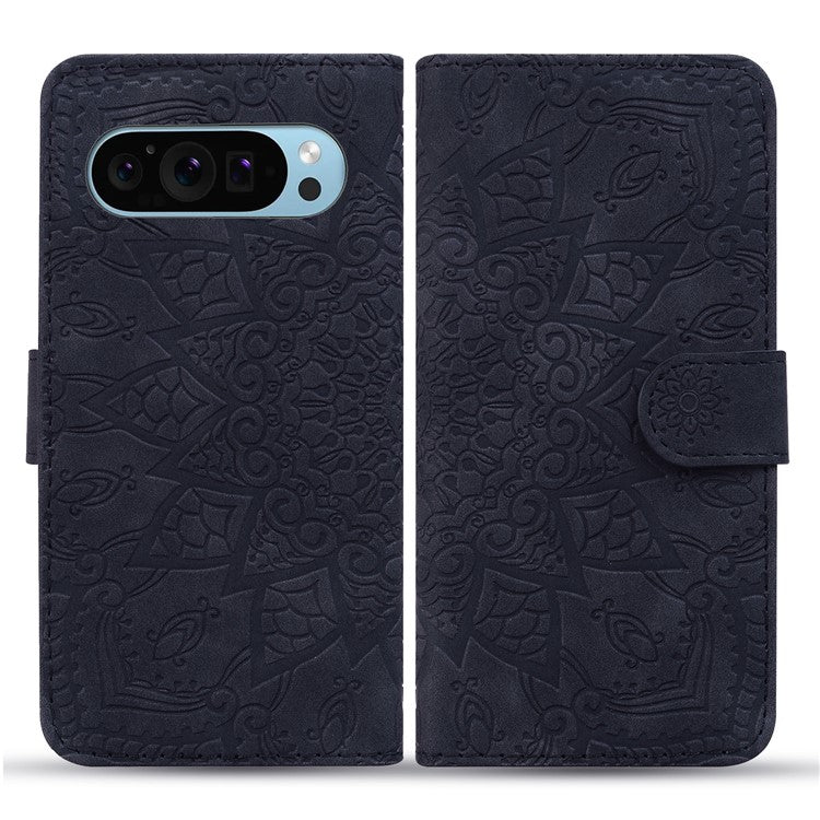 For Google Pixel 9 / Pixel 9 Pro Case PU Leather Wallet Flip Phone Cover Flower Imprinted - Black