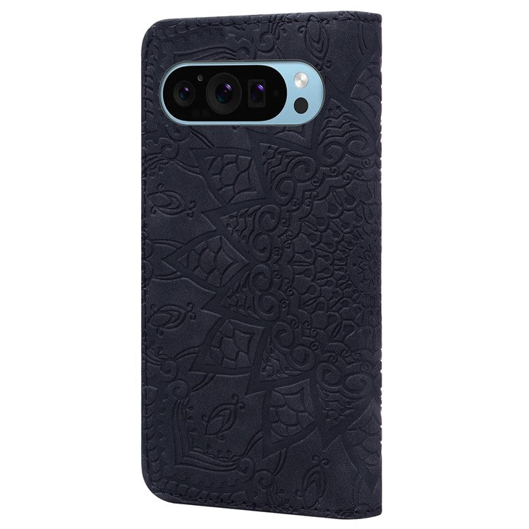 For Google Pixel 9 / Pixel 9 Pro Case PU Leather Wallet Flip Phone Cover Flower Imprinted - Black