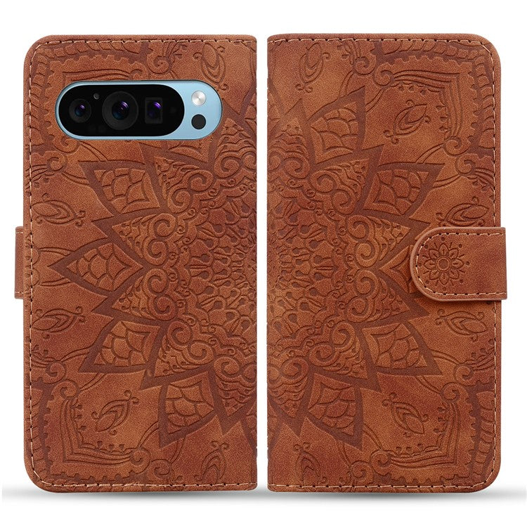 For Google Pixel 9 / Pixel 9 Pro Case PU Leather Wallet Flip Phone Cover Flower Imprinted - Brown