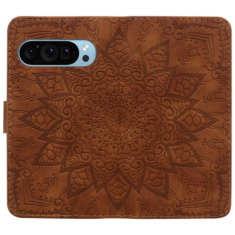 For Google Pixel 9 / Pixel 9 Pro Case PU Leather Wallet Flip Phone Cover Flower Imprinted - Brown