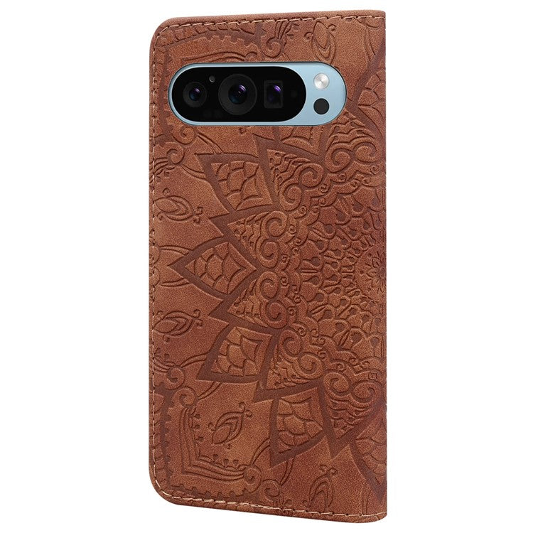 For Google Pixel 9 / Pixel 9 Pro Case PU Leather Wallet Flip Phone Cover Flower Imprinted - Brown