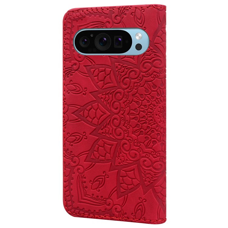 For Google Pixel 9 / Pixel 9 Pro Case PU Leather Wallet Flip Phone Cover Flower Imprinted - Red